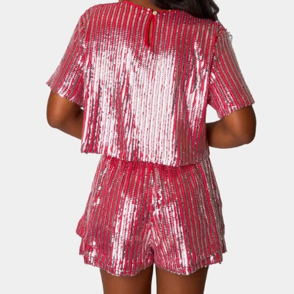 NWT BUDDY LOVE Laura Set Sequined Crop Top & Shorts Silver\Watermelon Pink S - Picture 4 of 9